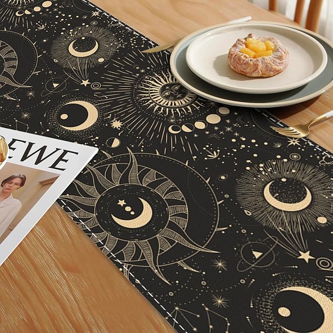 Moon Phases Lunar Change Table Runner Dresser Scarves Seasonal Linen Tablerunner for Indoor Outdoor Kitchen Home Party Holiday Dining Table Decor 13 X 70 Inch