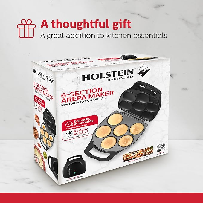 Holstein Housewares Non-Stick 6-Section Multi-Food Maker - Arepas, Mini Pancakes, Corncakes and More, 6-PC, Matte Black
