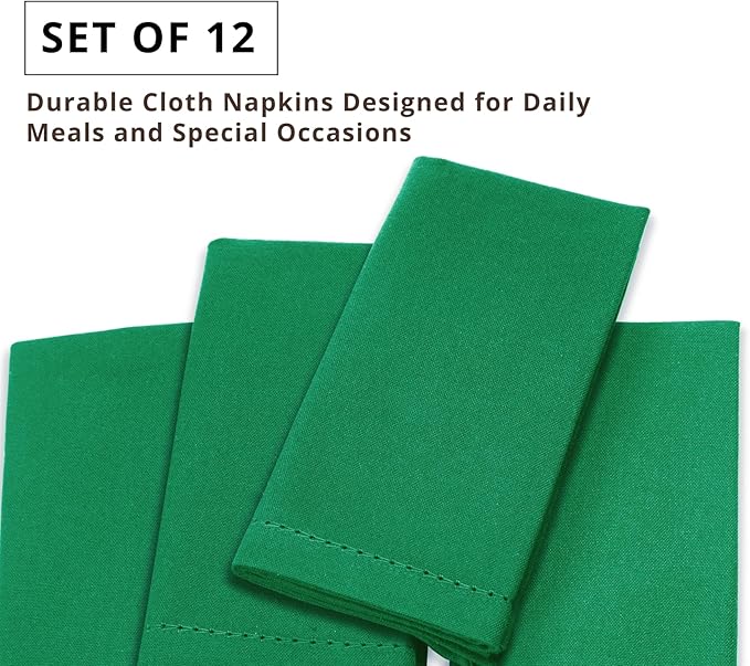 PurpleEssences Set of 12 Hemstitch Cloth Dinner Napkins 100% Cotton - Soft Durable Washable - Ideal for Wedding St Patricks Day - Perfect Everyday Use Table Linen 18x18 - St Patricks Green