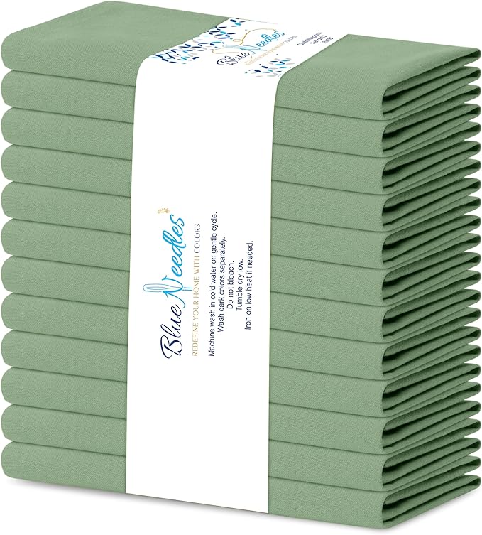 Blue Needles Solid Cloth Napkins Set of 12 Sage Green 100% Cotton Dinner Napkins 18x18 inches - Soft, Reusable, Absorbent & Washable Linen, Ideal for Christmas Events, Parties & Everyday Use