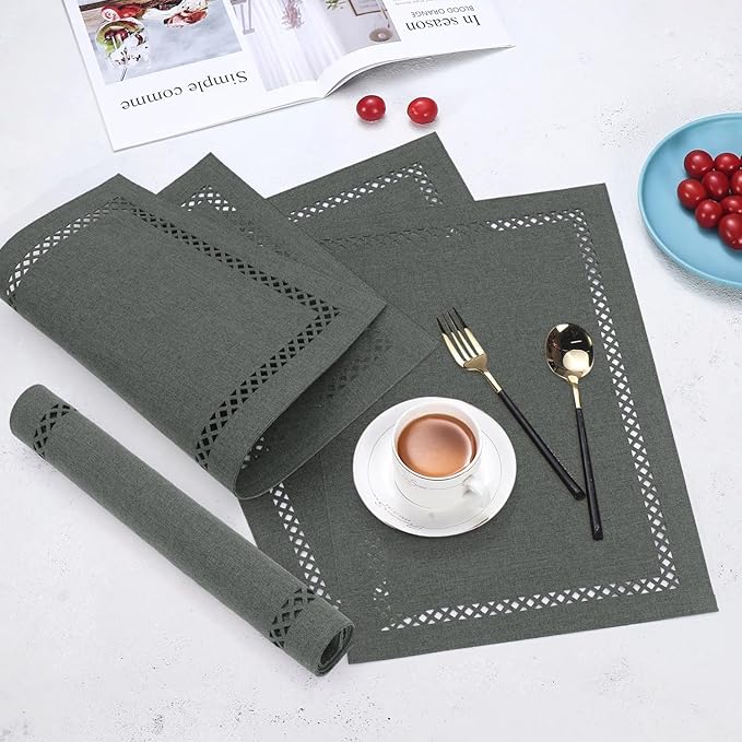 Linen Cloth Placemats Set of 4, HADEEONG 12 x 18 Inch Hollow Edge Place Mats Washable Heat Resistant Placemats Cloth Table Mats for Dining Table Home Decor (Dark Grey, 4)