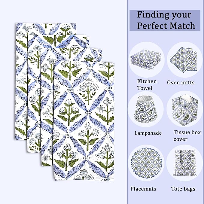 Ridhi Light Steel Blue Hand Block Print 100% Cotton Napkins 18" x 18" (Set of 4) Reuseable Kitchen Napkins Cloth Decor Dinner Party Wedding Cocktail Gift for Spring, Easter, Valentine