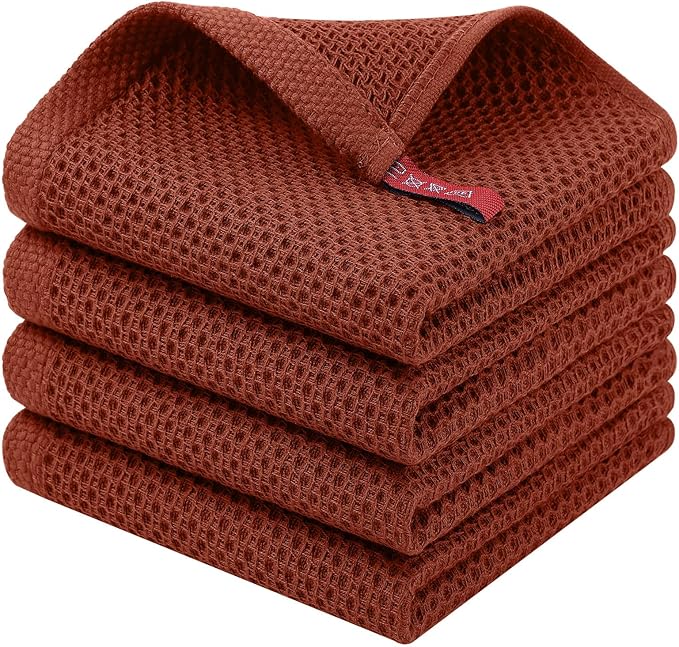 Homaxy 100% Cotton Waffle Weave Kitchen Dish Cloths, 4-Pack Ultra Soft Absorbent Dish Towels, Quick Drying Dish Rags, 12 x 12 Inches, Rust