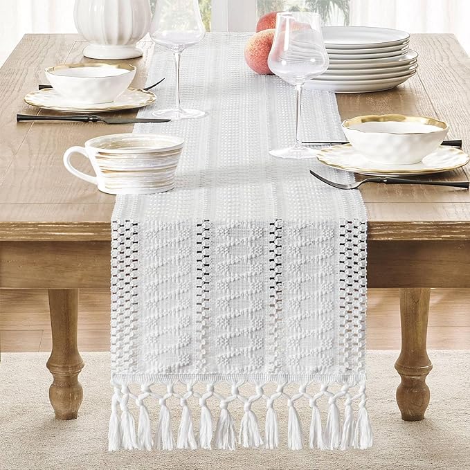 ZeeMart Macrame Style Boho Table Runner, White Table Runners 60 Inches Long, Farmhouse Woven Home Decor, 12x60 Inch, White