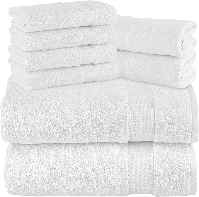 Elegant Comfort Premium Cotton 8-Piece Towel Set, Includes 4 Washcloths, 2 Hand Towels and 2 Bath Towels, 100% Turkish Cotton - Highly Absorbent and Super Soft Towels for Bathroom, White