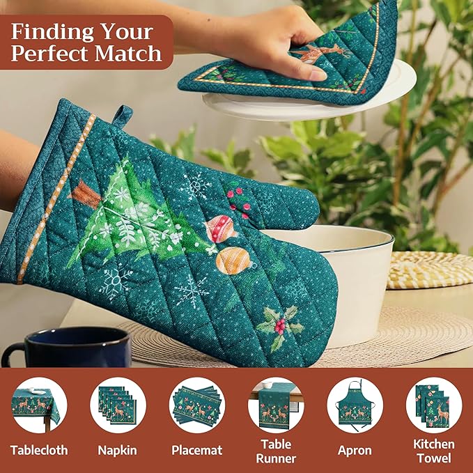 Maison d' Hermine Oven Gloves 100% Cotton Oven Mitt 7" x 13" with Loop Heat Resistant BBQ Cooking Gloves for Thanksgiving Christmas Decorations Baking Handling Hot Pans (Pack of 1, Hygge Christmas)