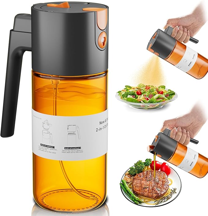 OURCABECUE Upgrade 2 in 1 Oil Sprayer for Cooking, 17oz Light-Blocking Glass Olive Oil Dispenser Bottle for Kitchen,Food-Grade Oil Mister with 8 Stickers for Salad, Frying(Amber Bottle-Black Gap)