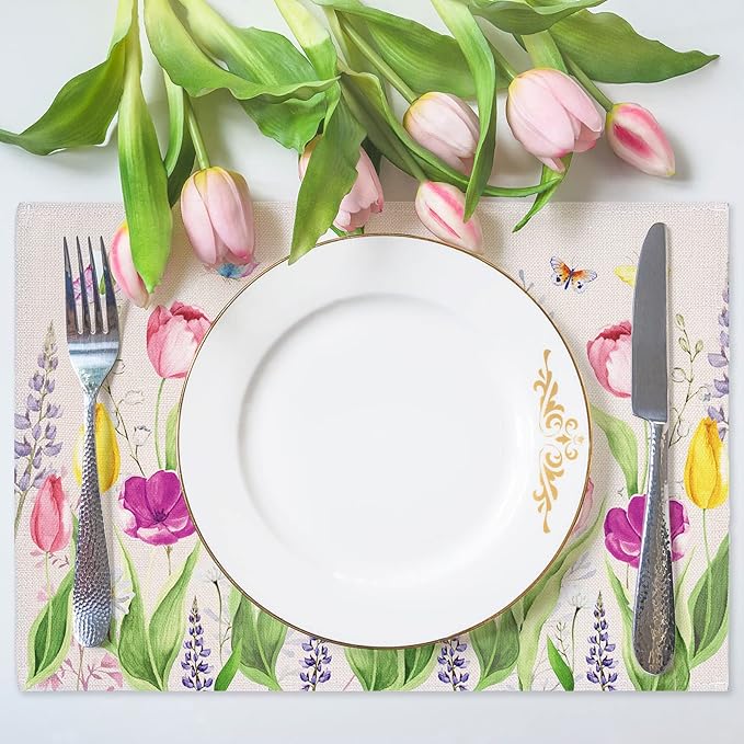 Whaline Set of 6 Spring Tulip Placemat Floral Butterfly Linen Place Mats Summer Waterproof Kitchen Table Mats for Seasonal Indoor Outdoor Home Party Dining Table Decoration, 17.9 x 12.2 Inch