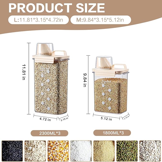 Air Tight Cereal Container Organizer Set of 6 Brown - 1800ML & 2300ML Total 417oz, Dry Food Storage for Pet Food, Rice, Oatmeal with Pour Spout Lid and Plastic Small Measuring Cup for Flour and Sugar
