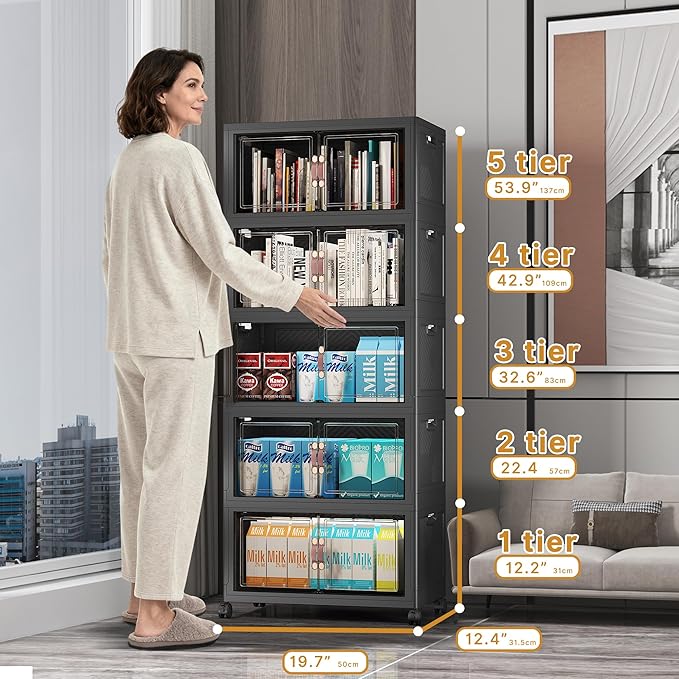 UAMFURI Stackable Storage Bins with Lids, 275QT Closet Organizers and Storage with Doors and Wheels, Extra Large Storage Cabinet, Collapsible Plastic Drawers for Bedroom Kitchen Office Garage