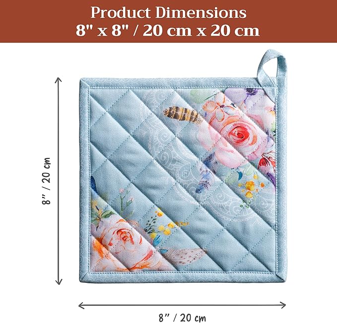 Maison d' Hermine Pot Holders 100% Cotton Heat Resistant Potholders 8" x 8" Hot Pads with Loop BBQ Cooking Baking Gifts for Mothers Day Handling Hot Pans Spring/Summer (Pack of 2, Ibiza - Blue)
