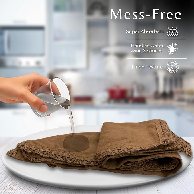 Ramanta Home Linen Flax Cloth Napkins Set of 12 Brown, 18x18 Inch | Easter Premium Cotton Linen Flax Lace Soft & Durable | Washable Ideal for Spring Basket Décor, Wedding Party, Kitchen, Everyday Use