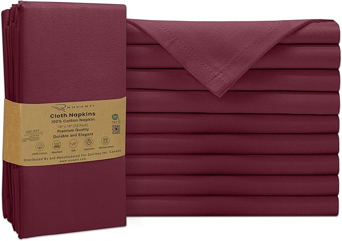 Ruvanti Cloth Napkins Set of 12, 100% Cotton High GSM 18x18 Inches Soft, Washable, Highly Durable & Absorbent, Perfect for Parties, Christmas, Thanksgiving Dinners – Burgundy