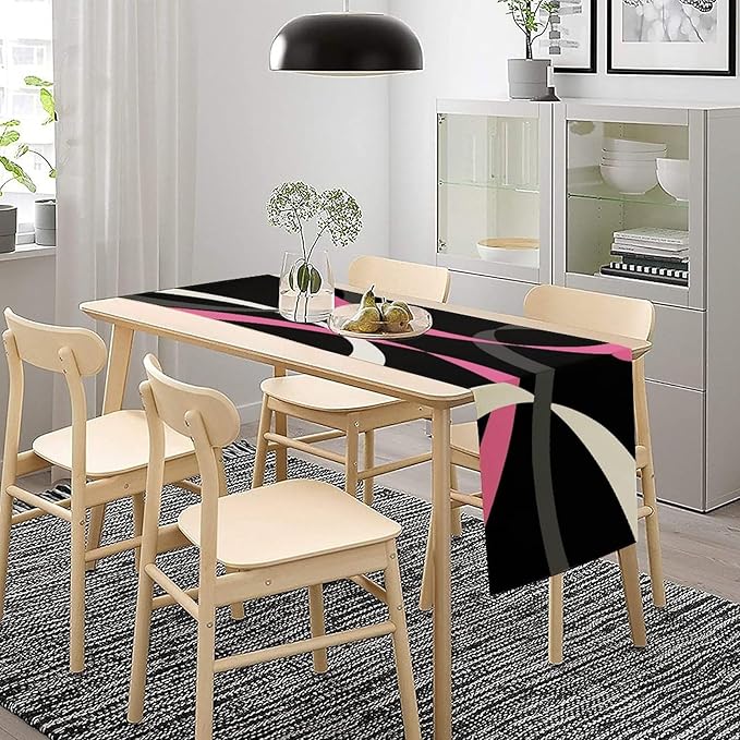Abstract Geometric Table Runner Pink Grey and White Striped Black Background Modern Kitchen Dinner Runner for Indoor Home Living Room Party Dining Table Decoration 13"x36"
