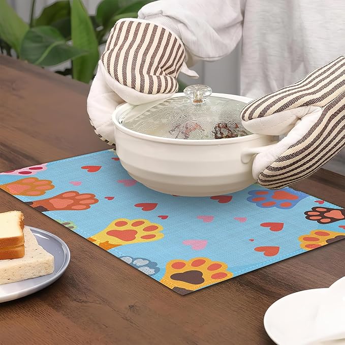 Cute Paws Placemats Set of 6,Dog Cat Table Mates Non-Slip Heat Resistant Washable Linen Place Mats for Party Kitchen Dining Decoration Indoor Outdoor 12"x18"