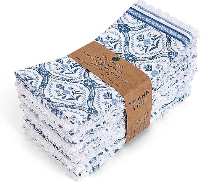 FINGERCRAFT Dinner Cloth Napkin Cotton Linen Blend 4 Pack Mitered Corners with Elegant Lace for Everyday Use Napkins are Pre Shrunk and Good Absorbency (Damask, 20in x 20in)
