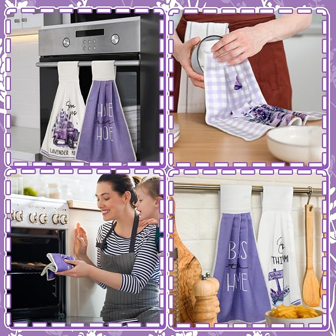 Tegeme 6 Pcs Hanging Kitchen Towels with Loop, Absorbent Hand Tie Towels Microfiber Decorative Fast Drying Kitchen Hanging Towel for Home Bathroom(Lavender)