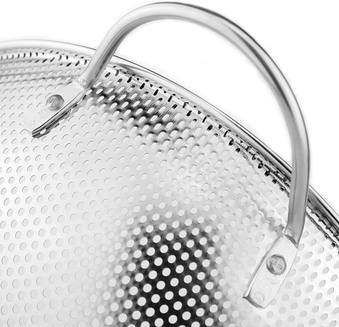 DLD Stainless Steel Micro-Perforated 5-Quart Colander - Professional Strainer with Heavy Duty Handles and Self-draining Solid Ring Base - Dishwasher Safe