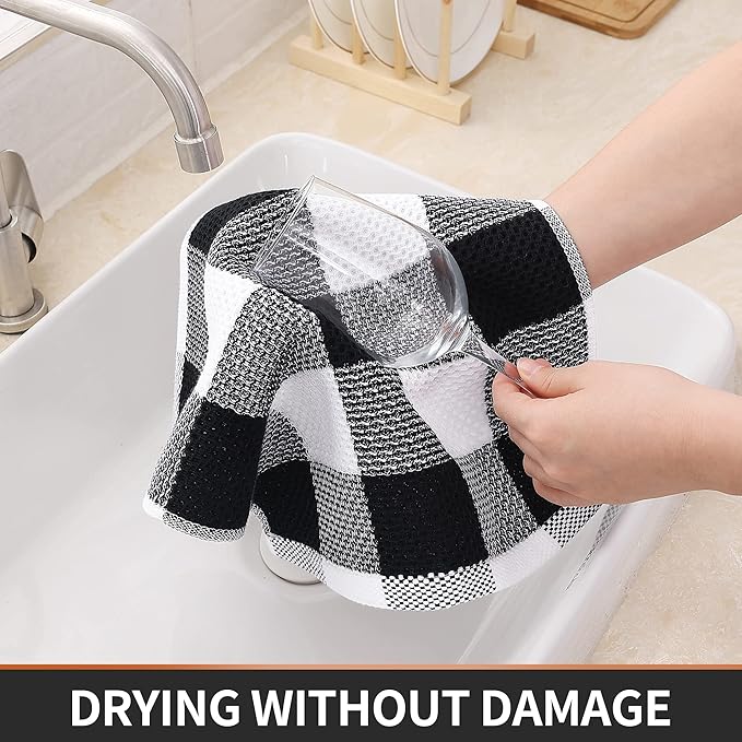 Homaxy 100% Cotton Waffle Weave Check Plaid Dish Cloths, 12 x 12 Inches, Super Soft and Absorbent Dish Towels Quick Drying Dish Rags, 8-Pack, White & Black