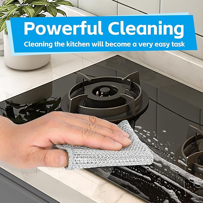 12Pack Multipurpose Wire Dishwashing Rags, Upgrade Non Scratch Wire Dishcloth, Silver Mesh Dish Cloths, Reusable Metal Mesh Cleaning Cloths, Steel Scrub Rags for Kitchen/Stove/Oven/Bath