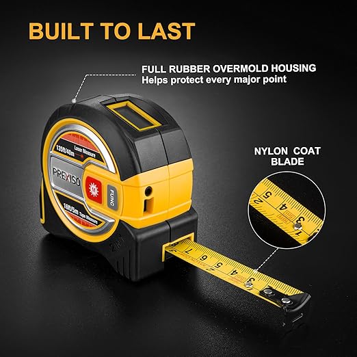 PREXISO 2-in-1 Laser Tape Measure - NOT Digital - 135Ft Laser Measurement Tool & 16Ft Measuring Tape with Auto Lock & Movable Magnetic Hook - Pythagorean, Area, Volume, Ft/Ft+in/in/M Unit-NOT Digital