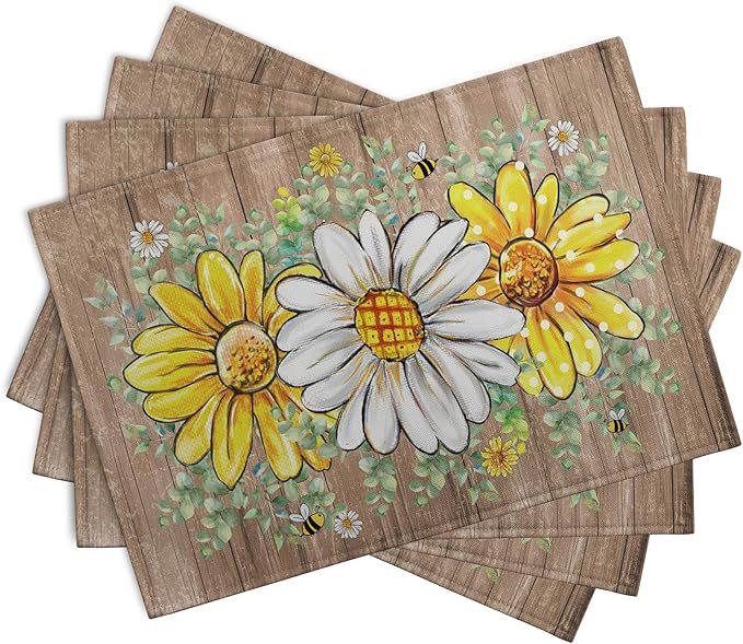 Spring Summer Floral Set of 4 Sunflower Daisy Eucalyptus Leaf Wooden Board Place Mats 12x18 Inch Rustic Vintage Flowers Farmhouse Table Mats for Home Kitchen Dining Decoration