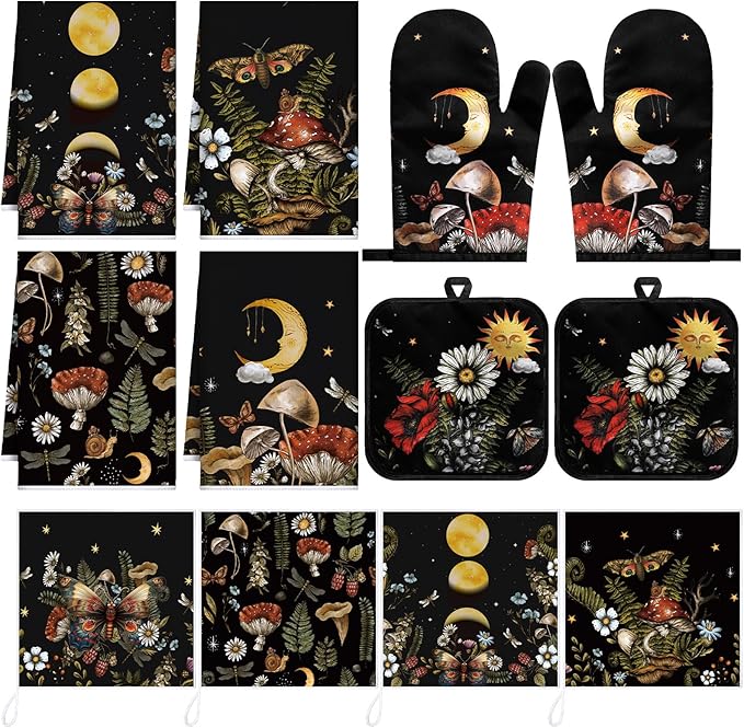 12 Pcs Black Witchy Kitchen Decor Set 4 Mushroom Kitchentowels 4 Absorbent Dishcloths 2 Sun Moon Star Oven Mitts Gloves 2 Butterfly Rustic Pot Holders Sets for Home Decorations Mom Gifts