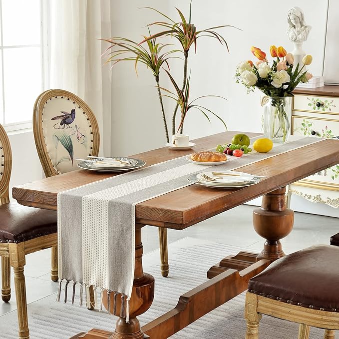 Wracra Linen Table Runner, Farmhouse Macrame Table Runners 72 Inches Long for Dining Table Decor, Wedding, Party and Dresser Decor (Dark Coffee,72")
