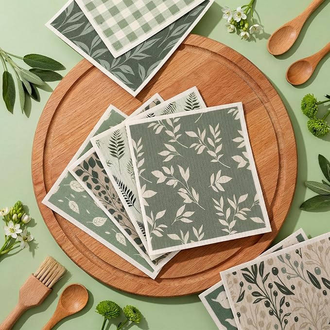 Tegeme 8 Pcs Sage Green Swedish Dishcloth Kitchen Spring Greenery Flowers Swedish Dish Towel Absorbent Cotton Reusable Kitchen Towels for Home Party Housewarming Cleaning Counter Wipes, 6.8 x 7.7''