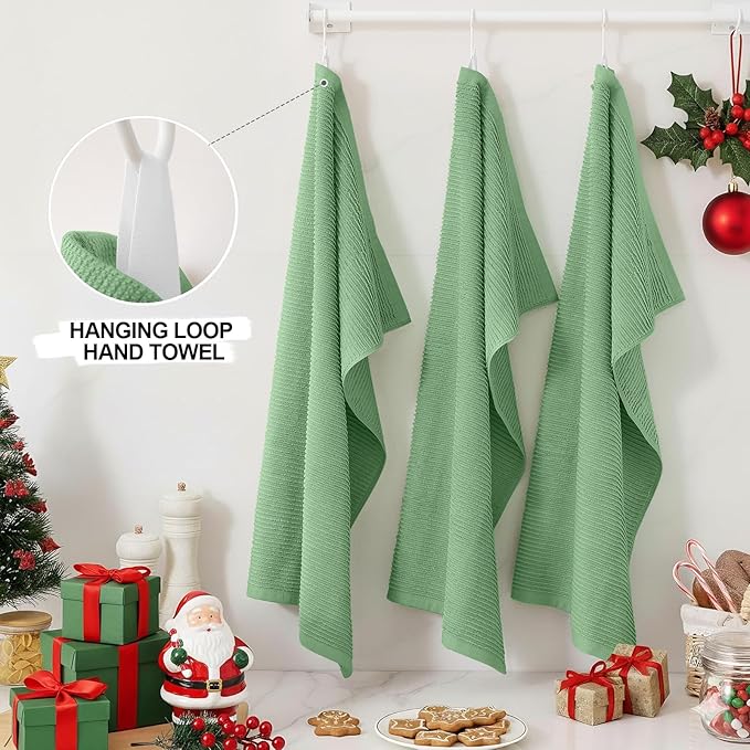 Homaxy Premium Kitchen Towels (18"x 28", 6 Pack), Large 100% Cotton Kitchen Hand Towels, Ultra Absorbent Ribbed Terry Tea Towels Set with Hanging Loop, Grass Green