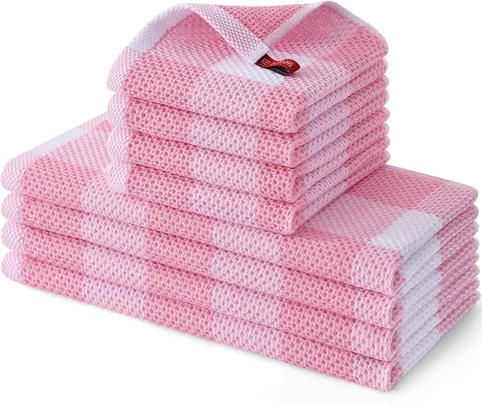 Homaxy Kitchen Towels and Dishcloths Set, 12 x 12 and 13 x 28 Inches, Set of 8 100% Cotton Waffle Weave Check Plaid Kitchen Dish Towels, Super Soft and Absorbent Dish Cloths, White & Pink