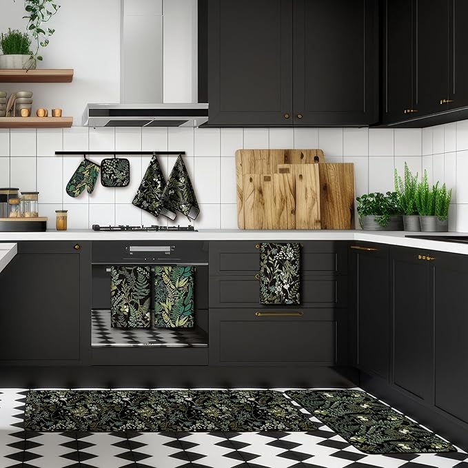 VitalCozy 10 Pcs Sage Black Kitchen Decor Set Black Kitchen Towels and Rugs Oven Mitts Pot Holders Absorbent Towels for Baking Cooking BBQ Gifts Home Decor