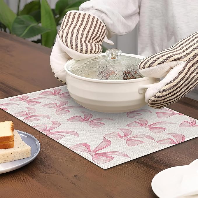 Pink Bows Placemats Set of 6,Cute Waterproof Non-Slip Washable Table Mats for Kitchen Dining Holiday Party Wedding Decor 12x18 Inch