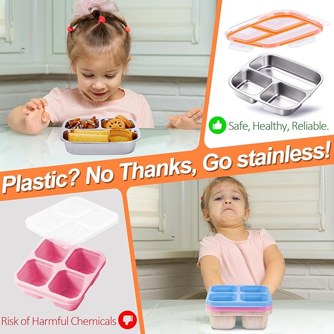 KTKUDY Stainless Steel Snack Container - Kids Lunch Container with 3 Compartment - Divided Meal Prep Bento Box for Kids Daycare, School, Work, Travel