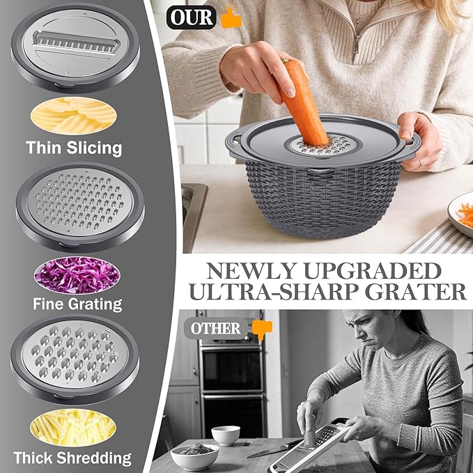 4-1 Colander with Lid Set - Rotatable Strainer With Bowl(Patented), Pasta Strainer with New Upgraded Graters, Strainer And Colanders, Fruit Cleaner, Veggie Wash, Apartment Kitchen Gadgets - Grey