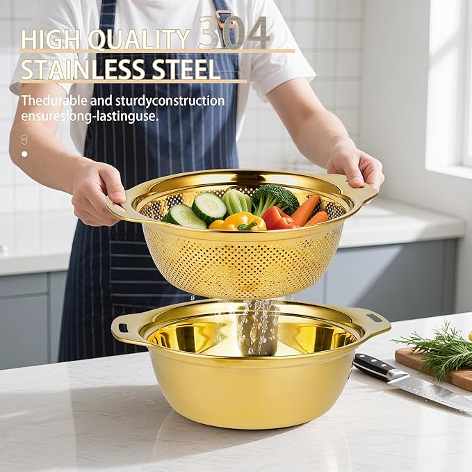 Colander 304 Stainless Steel 4-quart with Mixing Bowls, Strainer for Kitchen Food For washing vegetables, fruit, rice, Dishwasher Safe. (Gold 2PC)