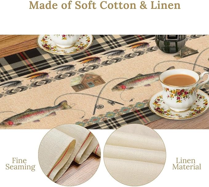 Fishing Table Runner Vintage Rustic Cabin Rods Lure Southwestern Check Art Printed Dinner Runner for Home Kitchen Dining Table Decor Fabric 1 Panel W13xL60in