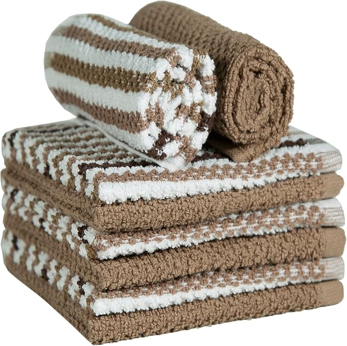 Bumble Towels Premium Dish Cloths 12"x12" | 100% Natural Ring Spun Cotton Tea Towel Set | 430 GSM | Highly Absorbent & Soft Kitchen Towels | 8 Pack - 4 Popcorn Wide Striped & 4 Solid Tan