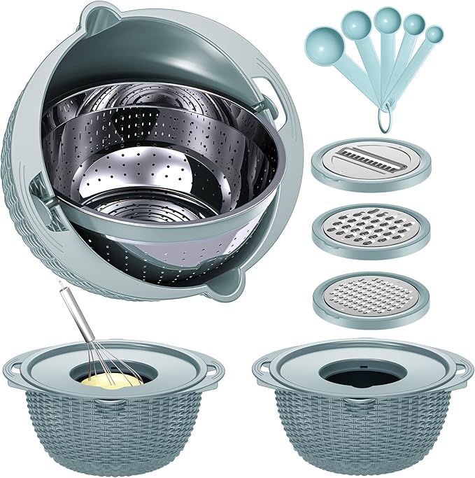 4-1 Strainer with Bowl & Spoons Set - Strainers and Colanders(Patented) - Colanders for kitchen - Food Strainer with New Upgraded Graters & Spoons - Fruit Bowl for Pasta Fruits Veggie- Blue