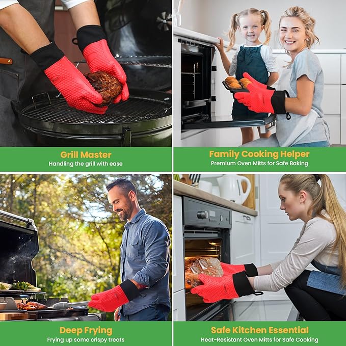 GEEKHOM 8PCS Extreme Heat Resistant Silicone BBQ & Oven Gloves Set to 446°F with Mitts, Trivet, Grips, Hooks for Grilling & Baking