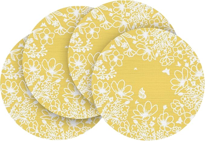 Artoid Mode Spring Leaves Yellow Vinyl Round Placemats Set of 4, 14 Inch Washable Non-Slip Woven Plastic Table Mats for Party Kitchen Dining Decor