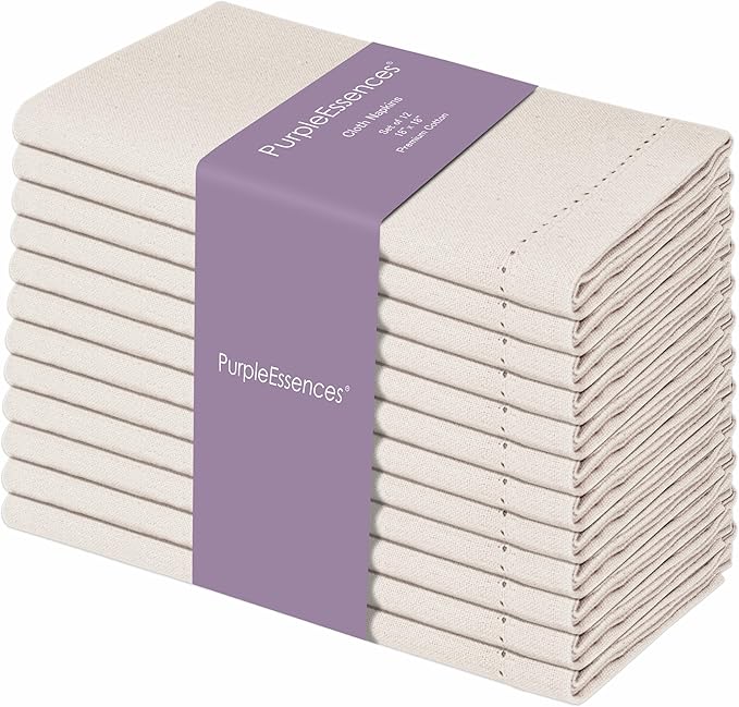 PurpleEssences Set of 12 Hemstitch Cloth Dinner Napkins 100% Cotton - Soft Durable Washable - Ideal for Wedding Spring Easter Summer - Perfect Everyday Use Table Linen 18x18 - Royal Linen