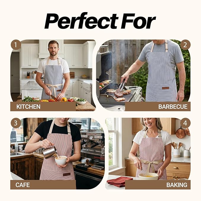 2Pack Adjustable Kitchen Apron for Women Men with 2 Pockets，Cotton-Polyester Blend Bib Aprons for Cooking,Baking