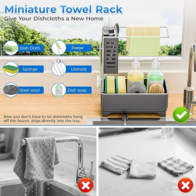 Kitchen Sink Caddy with Stainless Steel Towel Holder, Handy Sponge Holder for Kitchen Sink with Extending Drain Spout, No-Tool Assembly Space Saver for sink Countertop Accessories(Gray)