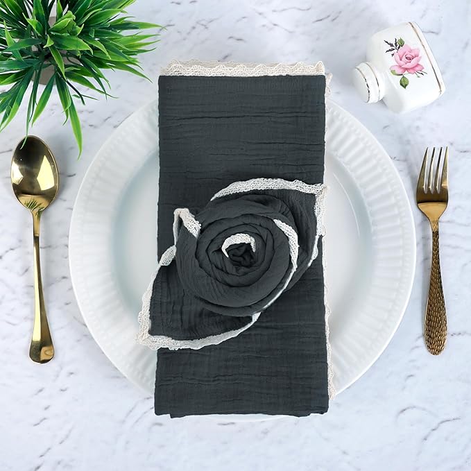 FINGERCRAFT Dinner Cloth Napkin Cotton Muslin Double Gauze 12 Pack with Classic Lace for Everyday Use, Wedding, Party, Christmas, Easter Napkins Cloth are Pre Shrunk and Good Absorbency Black