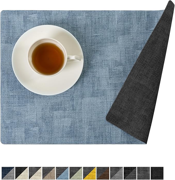 Romanstile Vinyl Placemats Set of 6-12x17 Inch, Reversible Waterproof Washable Non Slip Table Mats, Faux Leather Heat Resistant Wipeable Table Placemats for Dining/Party/Indoor/Outdoor, Grey-Sky Blue