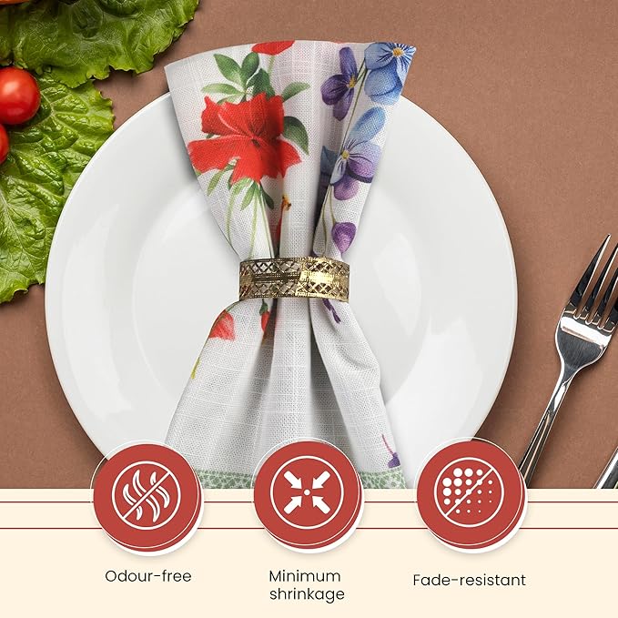 Vintage Vista Cotton Cloth Napkins Set of 4 (17" x 17") - Digital Printed Table Napkins Cloth Washable & Reusable for Everyday Use & Easter - (Red Flowers)