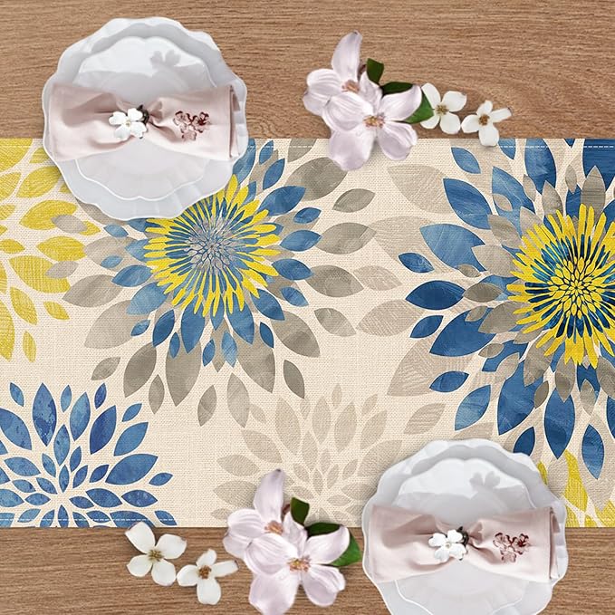Geometric Dahlia Flower Dining Table Runner, Blue Yellow Floral Modern Art Burlap Kitchen Decoration, Spring Summer Farmhouse Indoor Outdoor Home Decor Party Supply 13 x 72 Inches