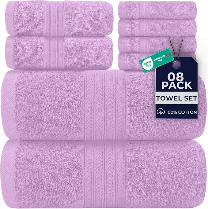 DAN RIVER 8 PC Luxury Bath Towels for Bathroom, 2 Bath, 2 Hand, and 4 Wash Cloths, 600 GSM 100% Ring Spun Cotton Towel Set, Highly Absorbent, Gym, Hotel, and Spa, Lavendar