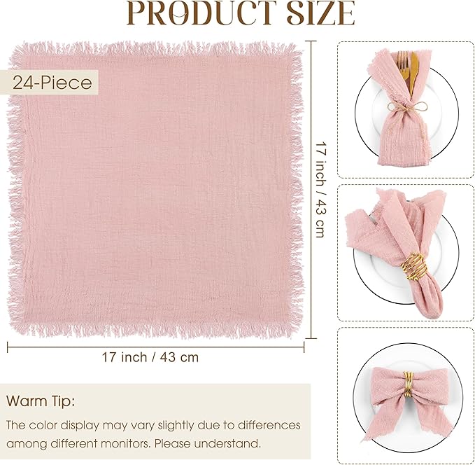 TURSTIN 24 Pieces Cotton Linen Cloth Napkin Handmade Cloth Napkin with Fringe 17 x 17 Inch Soft Cloth Dinner Wedding Napkin Square Rustic Fringe Table Napkin for Dinners, Parties, Weddings, Dusty Pink